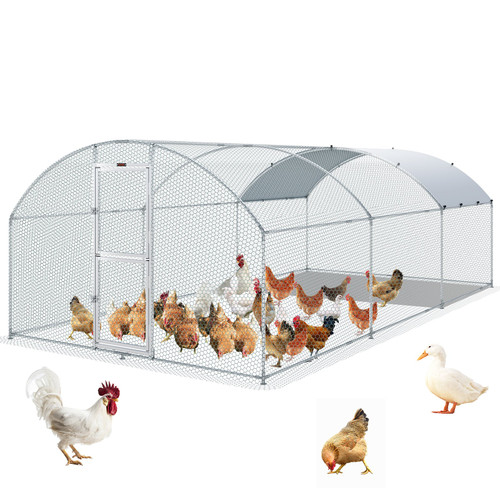 Large Metal Chicken Coop with Run, Walkin Chicken Coop for Yard with Waterproof Cover, 19.7 x 9.8 x 6.6 ft, Dome Roof Large Poultry Cage for Hen House, Duck Coop and Rabbit Run, Silver