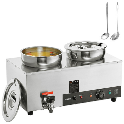 Electric Soup Warmer, Dual 7.4QT Stainless Steel Round Pot 86~185°F Adjustable Temp, 1200W Commercial Bain Marie with Anti-dry Burn and Reset Button, Soup Station for Restaurant, Buffet, Silver