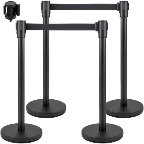 Crowd Control Stanchion, Set of 4 Pieces Stanchion Set, Stanchion Set with 6.6 ft/2 m Black Retractable Belt, Black Crowd Control Barrier w/Concrete and Metal Base - Easy Connect Assembly