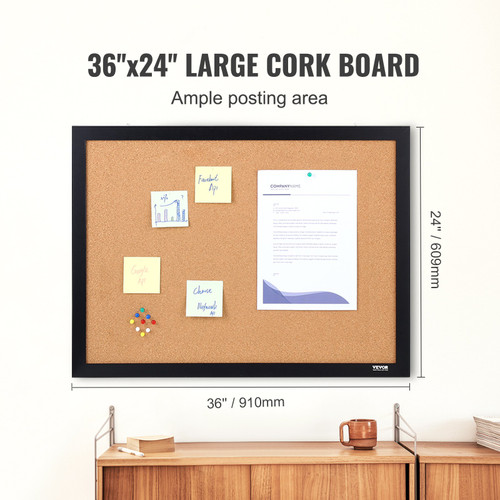 Cork Board, 36x24 inches Bulletin Board with MDF Sticker Frame, Vision Board Includes 10 Pushpins, for Display and Decoration in Office Home and School
