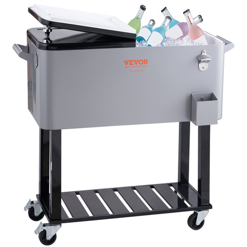 Rolling Ice Chest Cooler Cart 80 Quart, Portable Bar Drink Cooler, Beverage Bar Stand Up Cooler with Wheels, Bottle Opener, Handles for Patio, Backyard, Party and Pool, Gray, FDA Listed