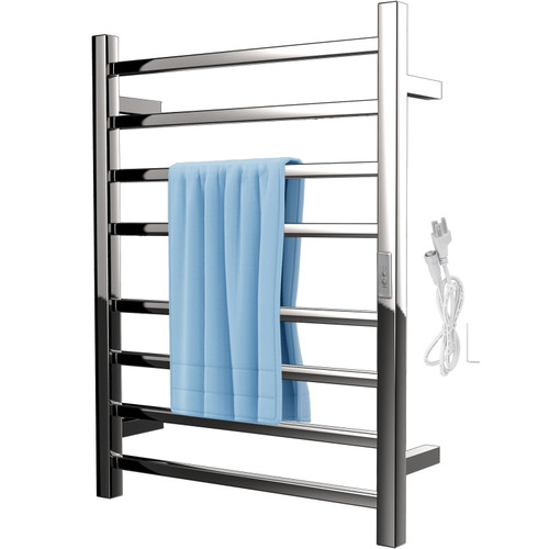 Heated Towel Rack, 8 Bars Design, Mirror Polished Stainless Steel Electric Towel Warmer with Built-in Timer, Wall-Mounted for Bathroom, Plug-in/Hardwired, UL Certificated, Silver