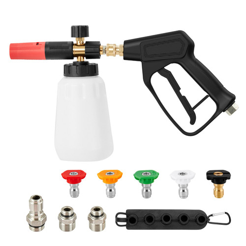 Pressure Washer Gun Set, 0.22 Gal Foam Cannon, 4000 PSI Washer Spay Gun with 1/4 Inch Quick Connector & 5 Nozzle Tips, Pressure Washer Handle with M22-14 mm & M22-15mm & 3/8'' Inlet Connector