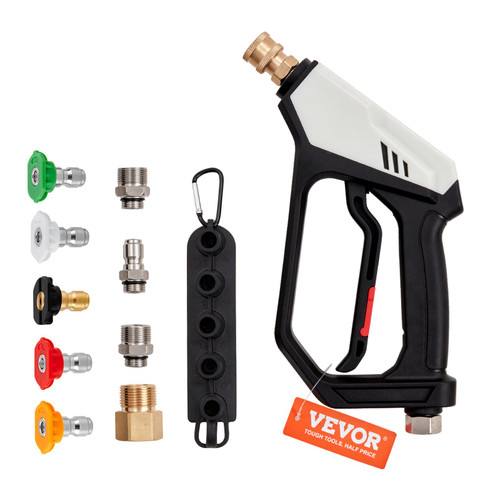 Short Pressure Washer Gun, 5000 PSI High Power Washer Spay Gun, M22-14 mm / M22-15 / 3/8'' Inlet & 1/4'' Outlet Hose Connector Foam Gun, Pressure Washer Handle with 5 Color Quick Connect Nozzles