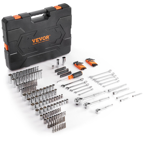 Mechanics Tool Set and Socket Set, 1/4" 3/8" 1/2" Drive Deep and Standard Sockets, 205 Pcs SAE and Metric Mechanic Tool Kit with Bits, Combination Wrench, Hex Wrenches, Accessories, Storage Case