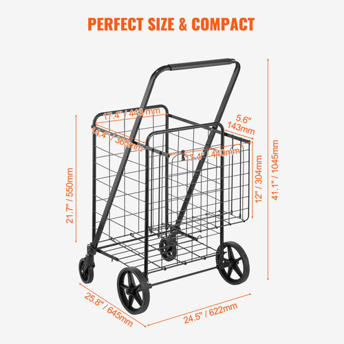 Folding Shopping Cart, Jumbo Grocery Cart with Double Baskets, 360Â° Swivel Wheels, Heavy Duty Utility Cart, 110 LBS Large Capacity Utility Cart for Laundry, Shopping, Grocery, Luggage