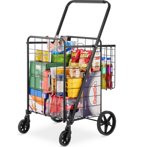 Folding Shopping Cart, Jumbo Grocery Cart with Double Baskets, 360Â° Swivel Wheels, Heavy Duty Utility Cart, 110 LBS Large Capacity Utility Cart for Laundry, Shopping, Grocery, Luggage