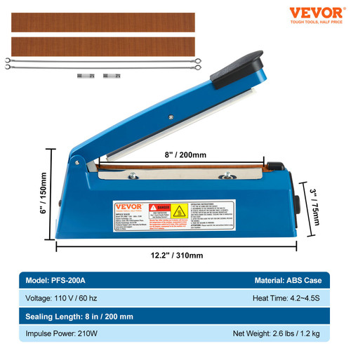 Impulse Sealer 8 inch, Manual Heat Sealing Machine with Adjustable Heating Mode, Aluminum Shrink Wrap Bag Sealers for Plastic Mylar PE PP Bags, Portable Poly Bag Sealer with Extra Replace Kit