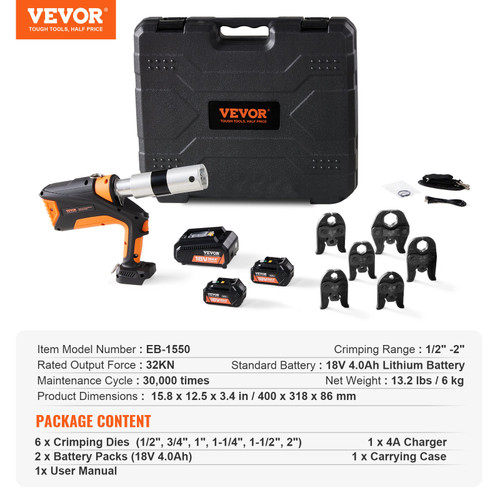 Pro Press Tool, 18V Electric Pipe Crimping Tool for 1/2" to 2" Stainless Steel, Copper, PEX Pipes, 360Â° Rotation Automatic Crimper with Brushless Motor & 6 Pro Press Jaws