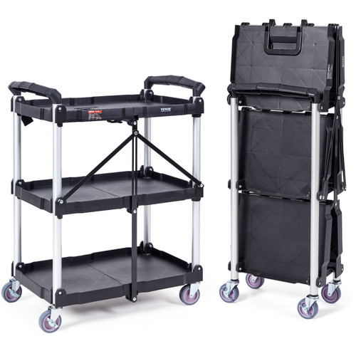 Foldable Utility Service Cart, 3 Shelf 165LBS Heavy Duty Plastic Rolling Cart with Lockable Wheels, Ergonomic Handle, Portable Garage Tool Cart for Warehouse/Office/Home(25.62"x15.43"x32.76")