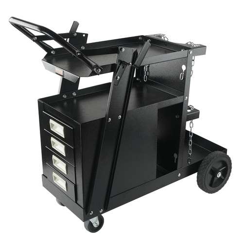 Welding Cart, 2-Tier 4 Drawers Welder Cart with 265 LBS Weight Capacity, 360° Swivel Wheels, Tank Storage Safety Chains, Heavy Duty Rolling MIG Welder Cart for Mig Welder and Plasma Cutter