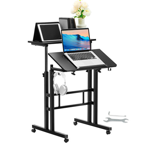 Mobile Standing Desk, 26.4"-44.9" Gas-Spring Height Adjustable Sit-Stand Desk, Home Office Rolling Laptop Table 360Â° Swivel Wheels (4 Lockable), 0-45Â° Tillable Desktop, 2 Hooks, 40LBS Loading
