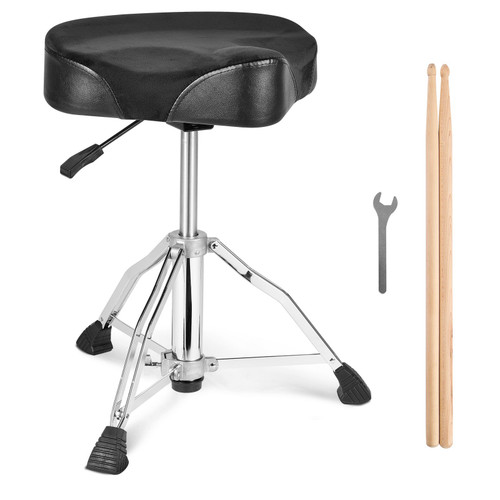 Hydraulic Saddle Drum Throne, 19.3-25.2 in / 490-640 mm Height Adjustable, Padded Drum Stool Seat with Anti-Slip Feet Drumsticks 500 lbs / 227 kg Max Weight Capacity, 360° Swivel for Drummers