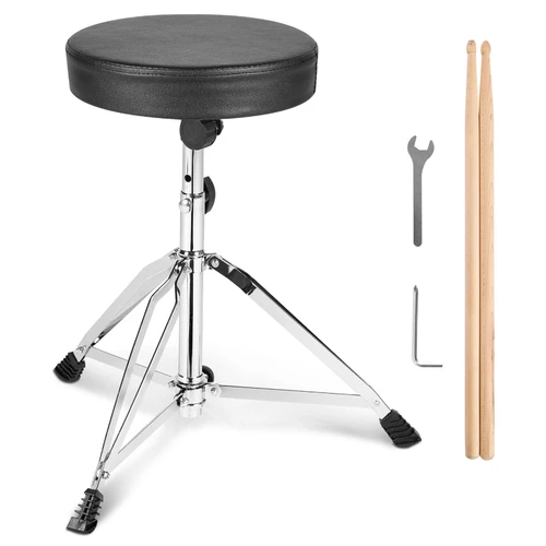 Drum Throne, 19.3 to 23 in / 490-585 mm Height Adjustable, Padded Drum Stool Seat with Anti-Slip Feet 5A Drumsticks 330 lbs / 150 kg Maximum Weight Capacity, 360° Swivel Drum Chair for Drummers
