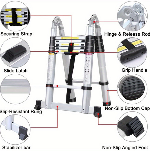 12.5ft/3.8M (1.9+1.9M) Aluminium Telescopic Step Ladder A-Frame/Straight Telescoping For Multi Purpose With Stabilizer Bar Anti-Slip Feet Portable For Home Household DIY Builder Supply Garden Roof Work Office