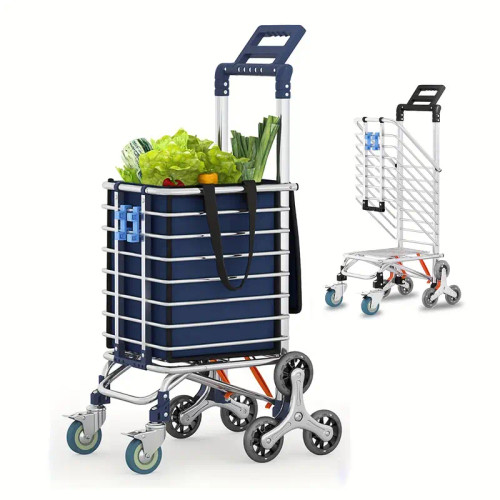 1pc Durable Metal Folding Shopping Cart with Brake Wheels, Lightweight Utility Trolley, Collapsible Grocery Cart for Laundry, Condo, Camping, and Transport  Blue color