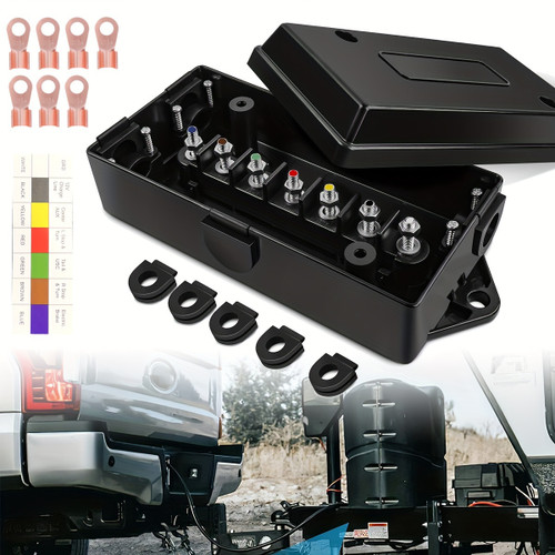 7-Way Trailer Junction Box Kit with 7 Terminal Studs, Heavy-Duty Weatherproof Wiring Box for RV Camper Trailer Light Rewiring, Rear Placement