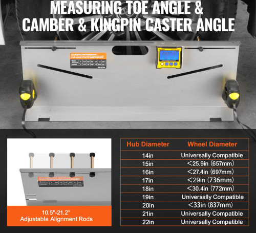 Wheel Alignment Tool, 2-Pack Toe Plates, Camber/Caster/Toe Gauge 0.1° Accuracy, Stainless Steel Tool Plate, Magnetic Slots and 6 Alignment Rods, Includes 2 Measuring Tapes & Conversion Chart