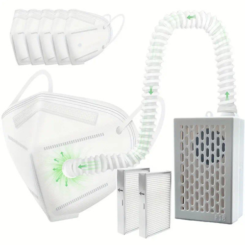 A Rechargeable Wearable Air Purification Mask, Featuring a Reusable Respirator, Comes with Five Masks And Two HEPA Filters, Providing Air Supply for Easier Breathing, Suitable for Dust Work, Painting, Machine Polishing White Color