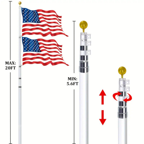 20FT Telescopic Flag Pole Kit For Outdoor In Ground, Extra Thick Black Telescoping Flagpole With 3X5FT US Flag Golden Ball Finial For Residential Or Commercial With Dual Flag Fly Silvery Color