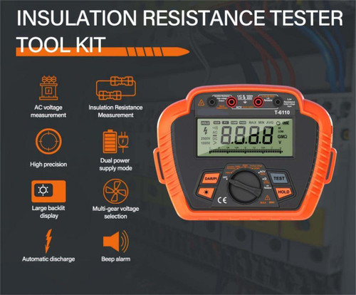1pc Digital Insulation Resistance Tester - 1000V , Max 20GOhm/200GOhm, Portable Megohmmeter with Backlit LCD, Low Resistance Measurement, Absorption Ratio/Polarization Index, AA Battery Powered, Non-rechargeable, with Carry Bag
