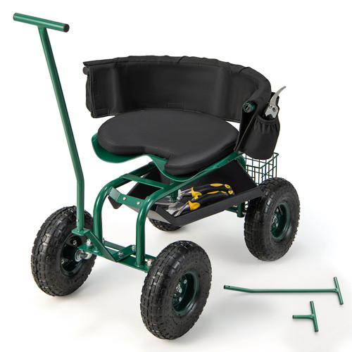 Garden Cart Work seat, Rolling Height Adjustable Garden Stool Cart with 360Â° Swivel Seat & Cushion, 2 Steering Handles, Heavy Duty Garden Wagon Scooter w/ Basket & Tool Tray, Green