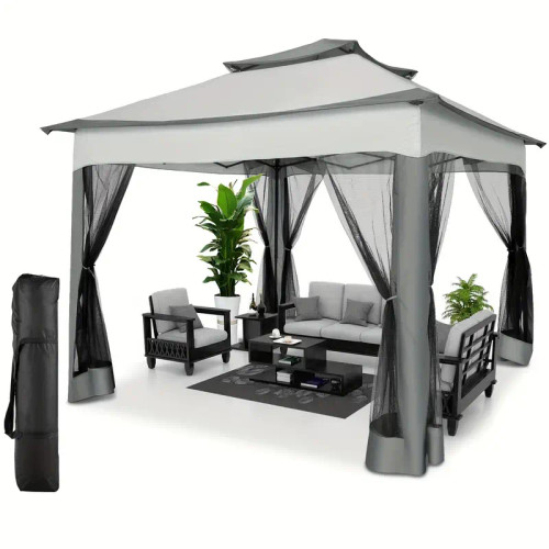 10x10 Pop Up Gazebo with Mosquito Nettings, Waterproof Outdoor Gazebo, with Sidewalls Patio Gazebo Tent for Backyard, Garden, Lawn, Parties with Vented Roof and Carry Bag Light Gray + Dark Gray