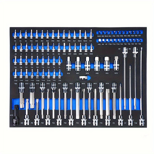 102pcs socket bit tool set, bit SL4-6.5, H7-10, PH1-4, PZ1-4, T20-45, TT40-50, long socket T40-80, M9-16, H5-13, R7-9, short socket. strong and durable. Complete set, Can be used with pneumatic impact wrenches, power tools, etc