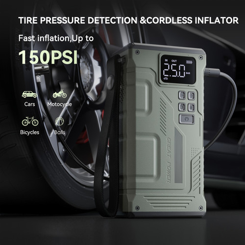 5000A Portable Jump Starter with 150PSI Air Compressor, Digital Display & Type-C Fast Charging Durable Insulated Car Battery Charger for 2.64gal Gas or 2.38gal Diesel Engines, Includes Red/Black Cables and Inflation Hose, Green Color