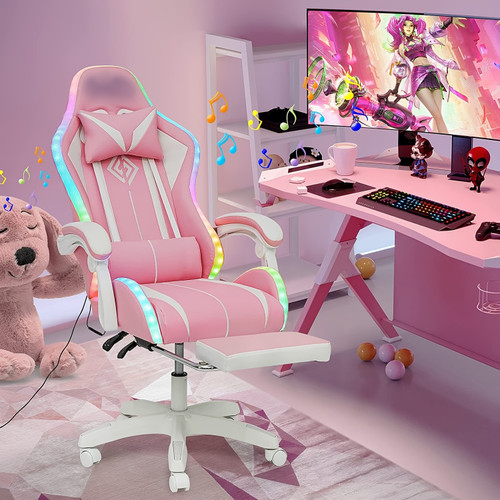 Gaming Chair Big and Tall 397lbs Gaming Chair with Speakers and Massage - Reclining High Back Computer Desk Chair White + Pink