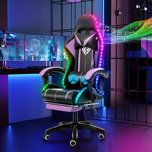 Gaming Chair with Speakers and Massage Big and Tall Video Game Chair for 397lbs with Footerst Reclining High Back Computer Desk Chair Purple + Black