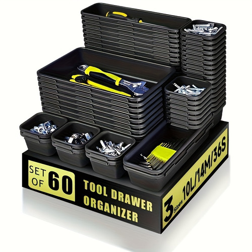 60pcs Set Plastic Tool Drawer Organizer Trays With 36 Compartments, Stackable Storage For Tools & Parts, Versatile Design Black