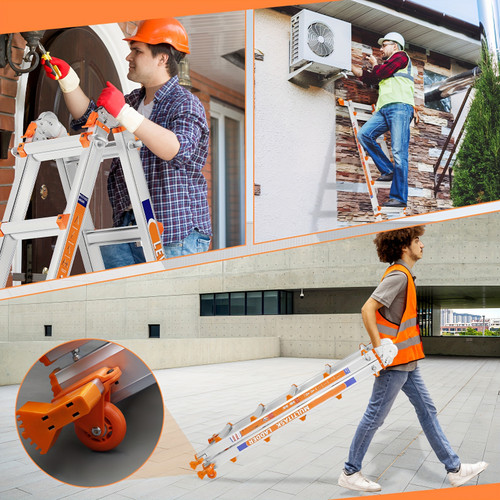 Heavy-Duty Aluminum Ladder 17ft-5Step Aluminum Extension Ladder - Multi-Position with Stabilizer Bar & Wheels, 330 lbs Capacity, for Indoor & Outdoor Use, Roof & Stairs, Orange & White Design