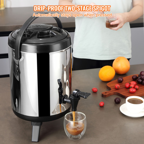 Stainless Steel Insulated Beverage Dispenser, 2 Gallon 7.6 Liter, Thermal Hot and Cold Drink Server Dispenser with Spigot Handle, Food-grade for Hot Tea Coffee Water Restaurant Drink Shop