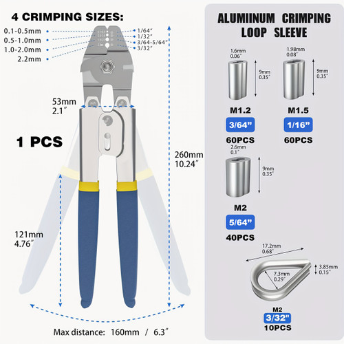 304 Stainless Steel Wire Rope Crimping Kit, 1/16" Cable with 7x7 Strand Core, Includes 200 Aluminum Crimping Loops and 50 M2 Stainless Steel Thimbles, Corrosion Resistant, High Strength, No Battery Required Crimper with 160pcs Sleeve Set