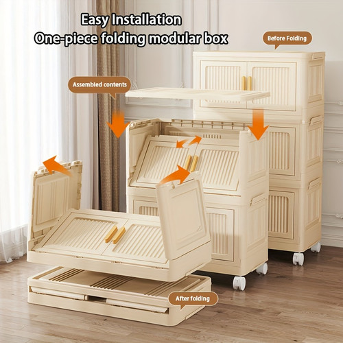 Large Capacity Folding Storage Bin with Dustproof Double Doors - Ideal Versatile Organizer (4 Floors) Cream Color