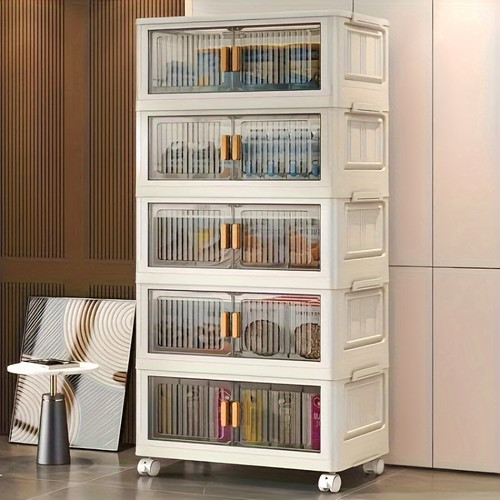 Large Capacity Folding Storage Bin with Dustproof Double Doors - Ideal Versatile Organizer (5 Floors) Transparent Black