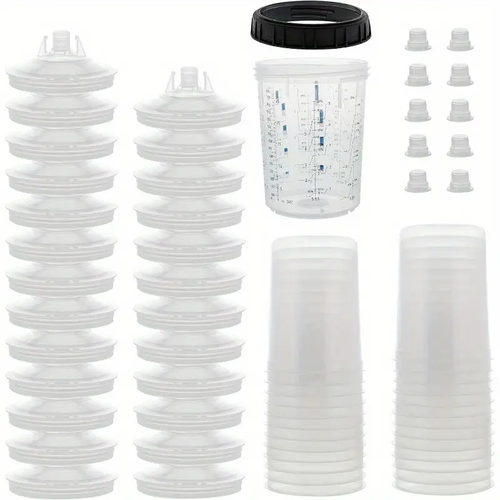 Disposable Spray Gun Cup Liner and Lid System, 40pcs Set Standard SizeÂ  - 40 Cup Liners, 40 Filtered Lids, 1 Hard Cup with Retention Ring, 10 Plugs 27 Ounce Cup Kit