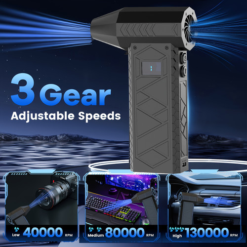 Versatile 4-Speed Cordless Turbo Fan Air Duster - USB Rechargeable, Powerful 100W Electric Compressed Jet Blower with Digital Display, Includes Multiple Nozzles for Keyboards, Cars, Home & Outdoor Use, Turbo Jet Blower Black Color