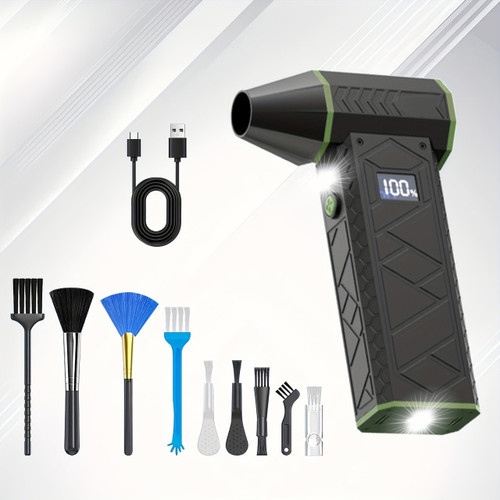 Versatile 4-Speed Cordless Turbo  Fan Air Duster - USB Rechargeable, Powerful 100W Electric Compressed Jet Blower with Digital Display, Includes Multiple Nozzles for Keyboards, Cars, Home & Outdoor Use, Turbo Jet Blower Green Color