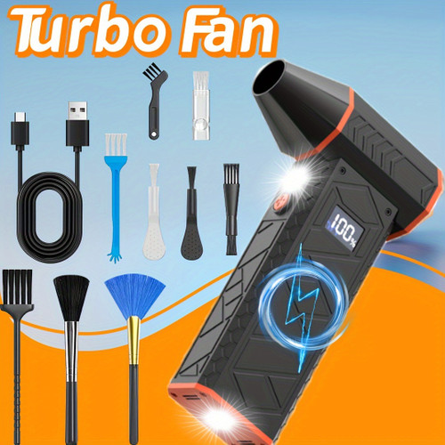 Versatile 4-Speed Cordless Turbo Fan Air Duster - USB Rechargeable, Powerful 100W Electric Compressed Jet Blower with Digital Display, Includes Multiple Nozzles for Keyboards, Cars, Home & Outdoor Use, Turbo Jet Blower Orange Color
