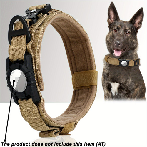 Medium To Large Dogs Soft Nylon Tactical Dog Collar For AirTag, Heavy Duty, Compatible With AirTag Retainer Khaki