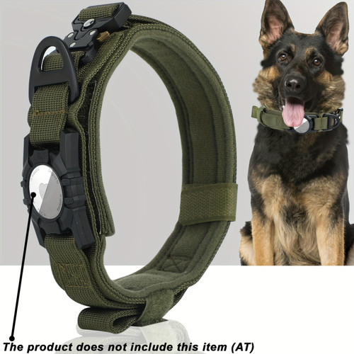Medium To Large Dogs Soft Nylon Tactical Dog Collar For AirTag, Heavy Duty, Compatible With AirTag Retainer Army Green