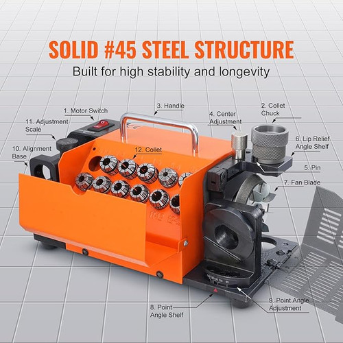 Drill Bits Sharpener, MR-13A Drill Bits Grinder Sharpener 3-13mm, 95Â° to 135Â° Point Angle Adjustable Drill Bit Re-Sharpener, Portable Bits Sharpening Machine with 11 Collets, CBN Wheel for HSS MR-13A
