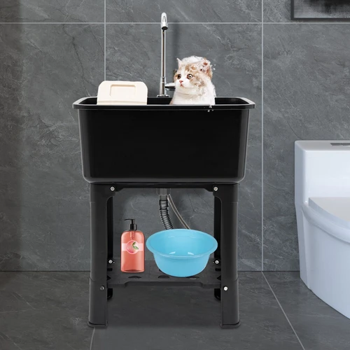 Modern Black Freestanding Utility Sink with 360° Swivel Faucet, Storage Shelf & Washboard - Perfect for Bathroom & Laundry Room, Contemporary Style