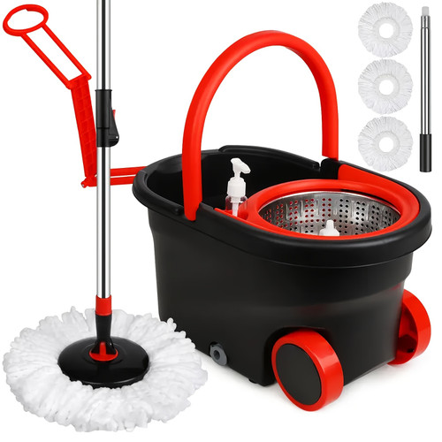 Mop Bucket with Wringer Set, Plus Size 360Â° Mop Bucket Floor Cleaning System with 3 Microfiber Replacement Mop Head Refills, 61" Adjustable Stainless Steel Handle, 2X Wheel for Home Cleaning