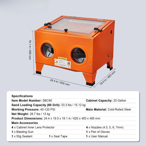 25 Gallon Portable Benchtop Sandblasting Cabinet, 40–120 PSI, Heavy‑Duty Steel, Blasting Gun & 4 Ceramic Nozzles