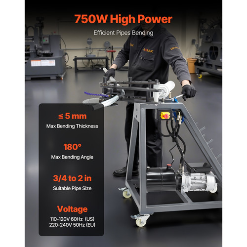 750W Electric Tube Bending Machine With 6L Hydraulic Cylinder, 3 Dies, 180Â° Max Angle, Casters For 3/4 To 2 Inch Pipes In Workshop