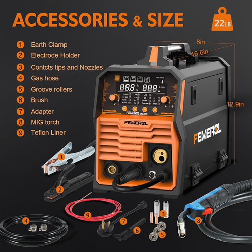 250A MIG Welder, 6 in 1 Gas MIG/Gasless Flux Core/Stick/Lift TIG/Spot Welding/Spool Gun Compatible Aluminum Welding Machine Large LED Display 110V/220V Multi Process Welder Visit the FEMEROL Store