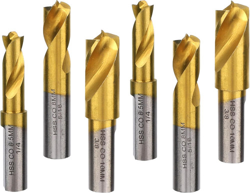 6pcs Spot Weld Drill Bit, 1/4in/6.5mm 5/16in/8mm 3/8in/10mm High Speed Steel Spot Weld Cutter Titanium Coated